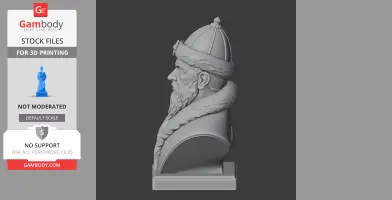 Bust of a historical warrior with a fur hat and beard, side view, on a display base.