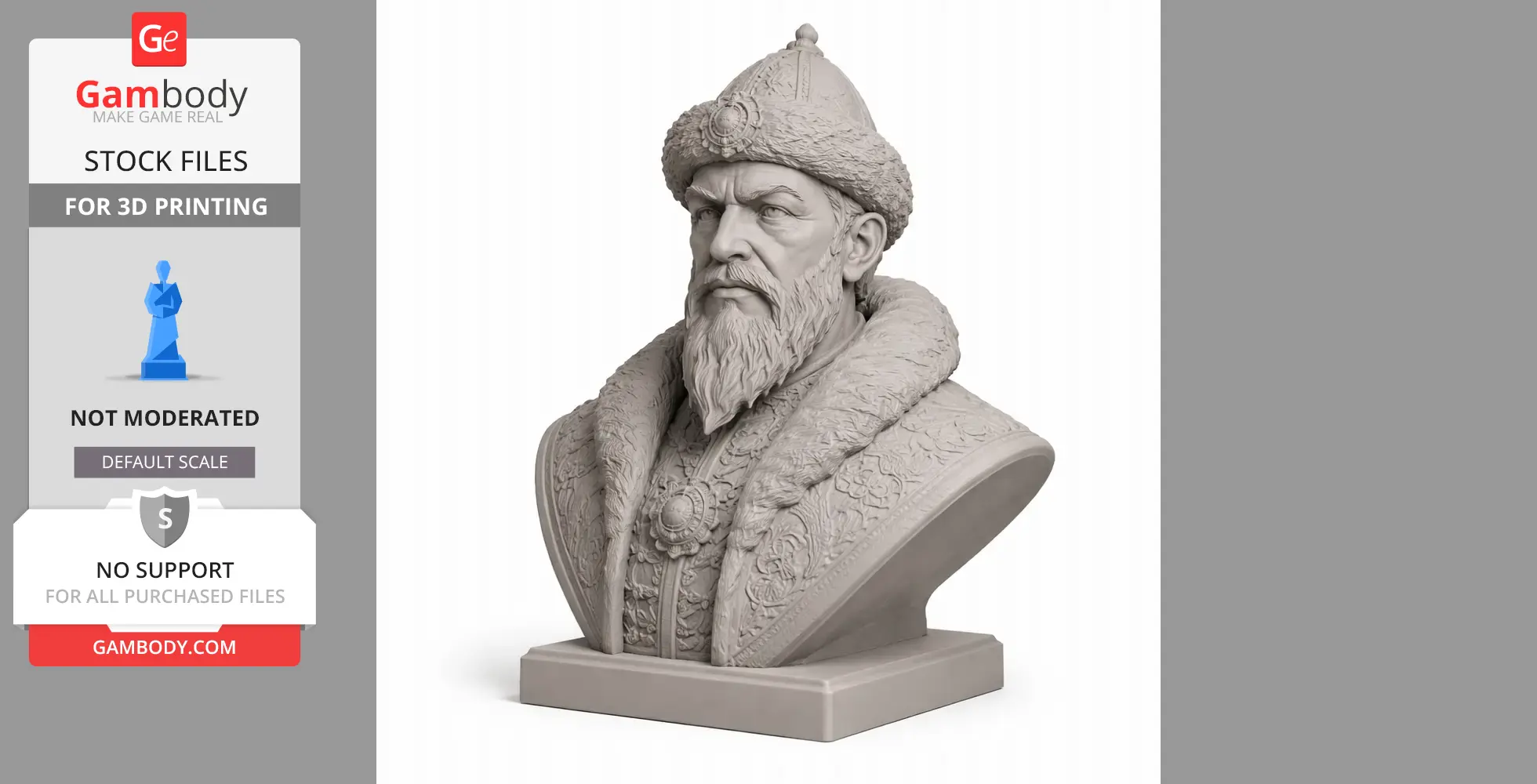 Bust of historical figure with fur hat, beard, and detailed robes for 3D printing.
