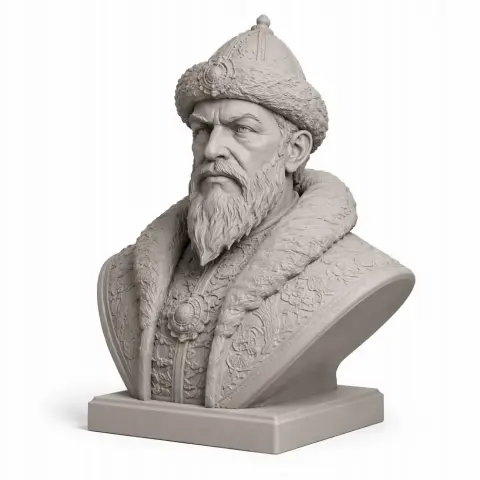 A detailed bust of a stern historical warrior in ornate attire, featuring a fur hat and textured robe.