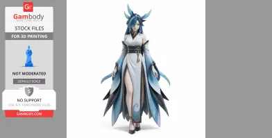A fantasy figure with long blue hair, wearing a flowing blue robe with horn-like headpiece.