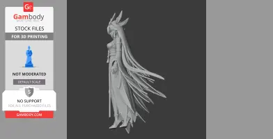 A detailed 3D model of a long-haired figure with ornate headpiece and flowing garments, ready for printing.