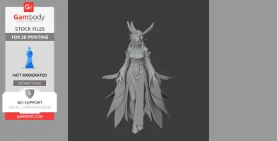 A detailed, robed female figure with ornate headpiece, standing gracefully with flowing garments.