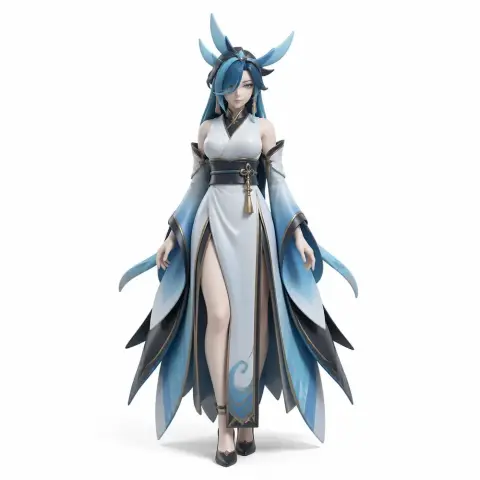 Fantasy character figurine with long blue hair, ornate gown, and flowing sleeves, ready for 3D printing.