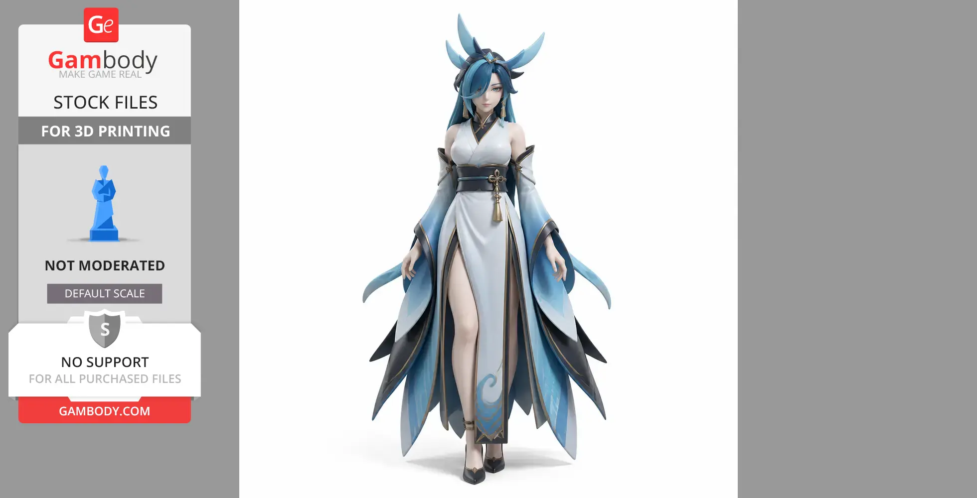 A fantasy figure with long blue hair, wearing a flowing blue robe with horn-like headpiece.