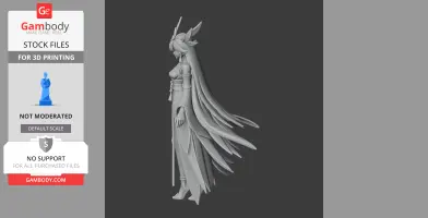 A figurine of a long-haired character with a headdress, flowing cape, and gown in a side profile view.