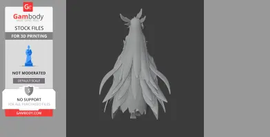 A detailed 3D model of a character with flowing, layered cloak or hair and horn-like features on top.