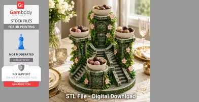 Elaborate temple-like stand with flowers and steps, holding bowls of chocolates.