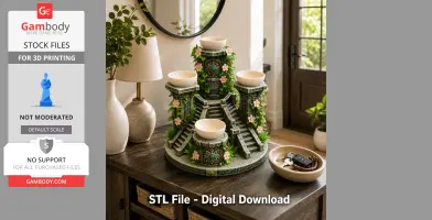 Ornate 3D-printed temple stand with bowls, stairs, flowers, and greenery on a table.