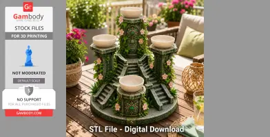 Ornate garden temple bowl stand with floral and vine details, designed for 3D printing.