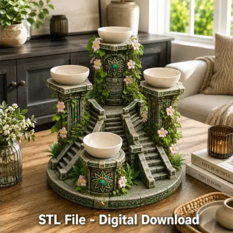 A detailed 3D-printed temple bowl stand adorned with floral and vine designs on a round base.
