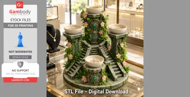 Ornate temple stand with bowls, floral accents, and stairways, designed for 3D printing.