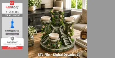Ornate garden-themed bowl stand with stairs and floral decorations for 3D printing.