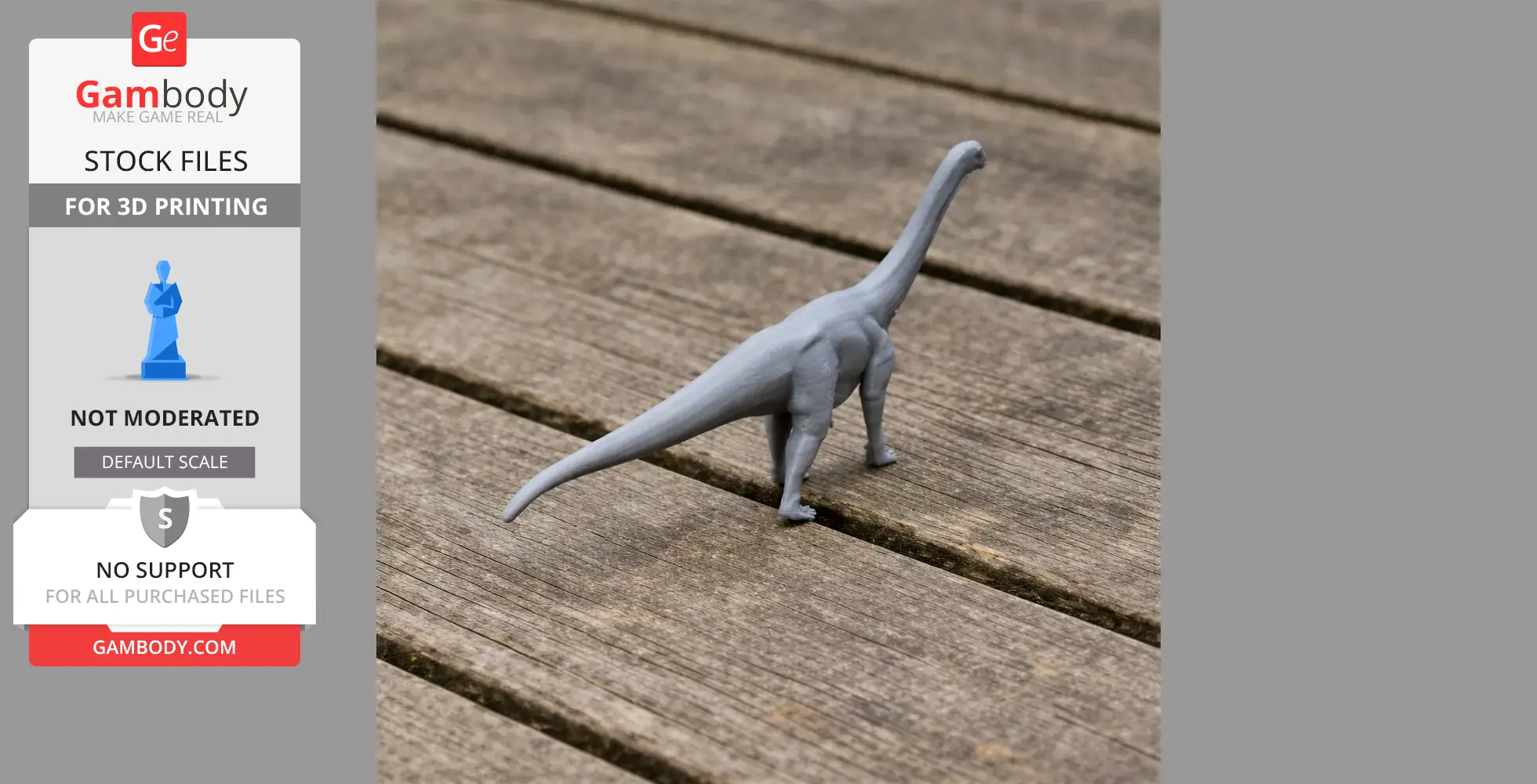 A 3D printed model of a Patagosaurus dinosaur on a wooden surface.