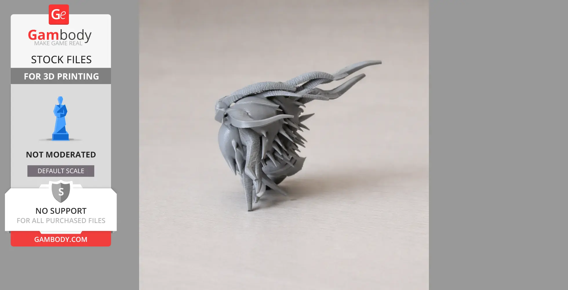 A spiky, horned creature figure in gray plastic with detailed texture, ideal for 3D printing.