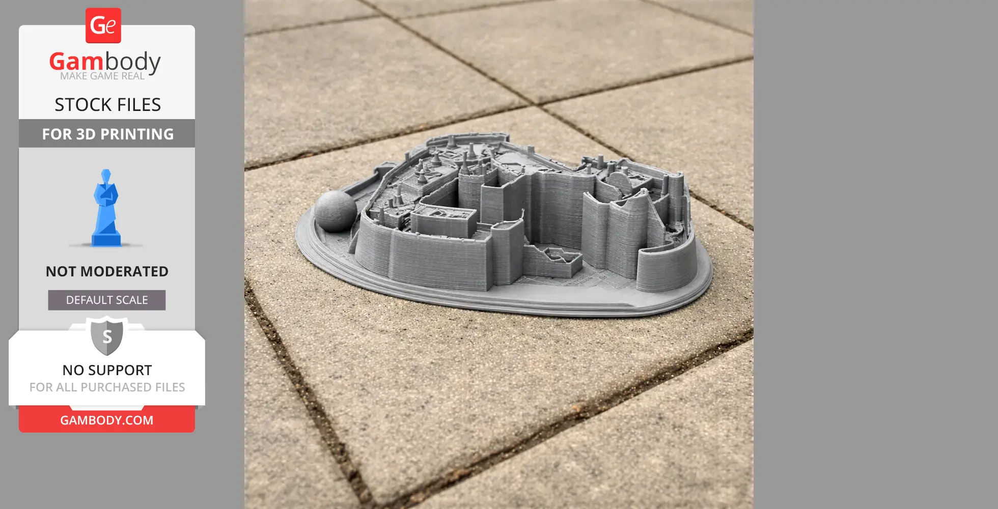 3D printed model of Berkeley Castle on a paved surface, showcasing detailed architecture.