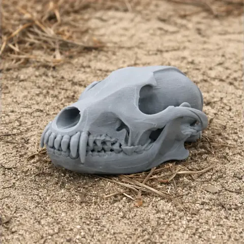 3D printed coyote skull replica resting on dry, textured ground.
