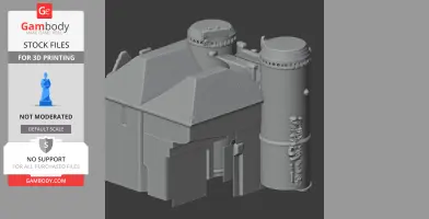A 3D model of a castle with cylindrical towers and a sloped roof, designed for 3D printing.