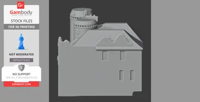 3D model of Benington Castle with detailed towers and windows for 3D printing.