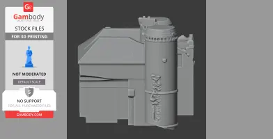 3D model of a castle with a cylindrical turret and detailed architectural features.