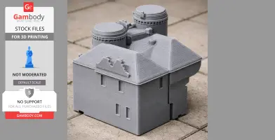 3D printed model of a castle with two round towers and a sloped roof, displayed on a tiled surface.