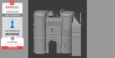 A detailed 3D model of Benington Castle with cylindrical towers and arched entrance.