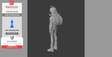 A 3D model of a character with long hair, wearing a jacket and boots, viewed from the back.