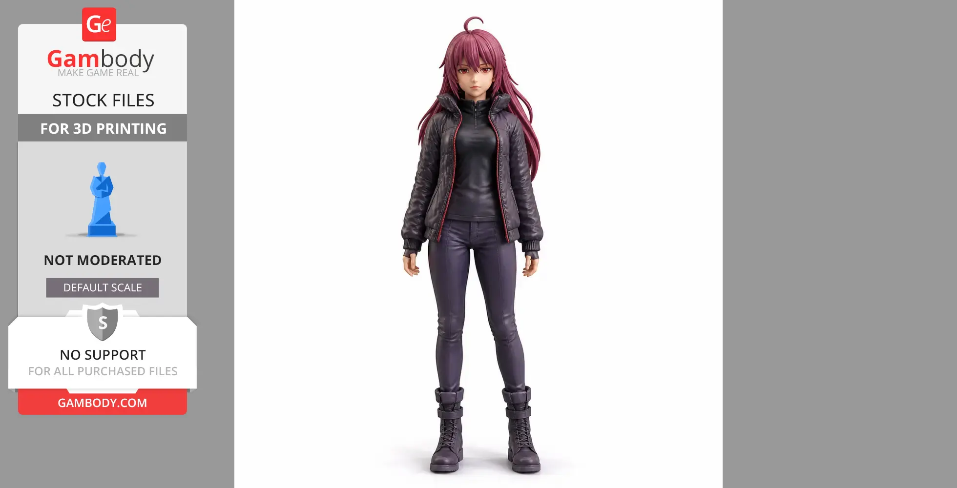 3D model of a figurine with long purple hair, wearing a black jacket, pants, and boots, for printing.