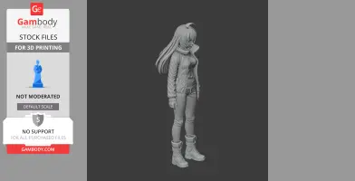 A 3D model of a woman with long hair, wearing a jacket and boots, standing with a neutral expression.