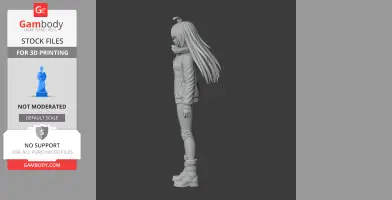 Side view of a 3D model of a character with long hair, scarf, jacket, and boots, ready for printing.