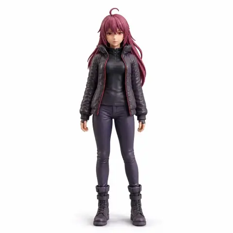 3D model of a female character with long purple hair, wearing a dark jacket and pants, standing pose.