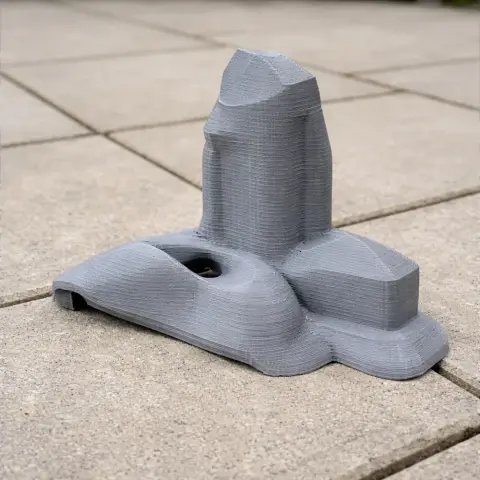 3D-printed model of Berkhamsted Castle with simplified, abstract features on a tiled surface.