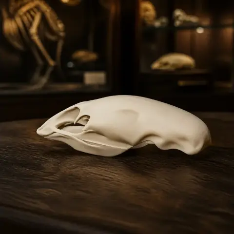 3D-printed Crested Moa skull replica resting on a wooden surface in a dimly lit room.
