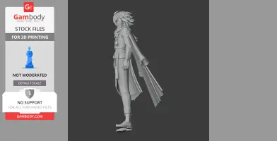 A detailed 3D model of a standing character with flowing hair and a long coat.