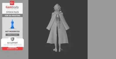3D model of a character with long coat, viewed from the back, intended for 3D printing.