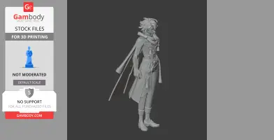 3D model of a character with flowing hair and detailed clothing, suitable for 3D printing.