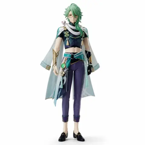 A detailed figurine of a character with green hair and a snake, wearing a blue and white outfit.