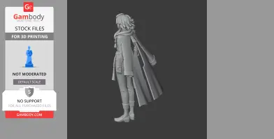 3D model of a character with a long coat, flowing hair, and a draped fabric, viewed from the side.
