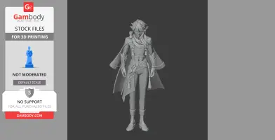 A detailed 3D model of a character with flowing hair and ornate clothing, designed for 3D printing.