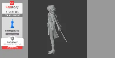 A 3D model of a standing character with long hair, wearing a detailed outfit and holding a staff.