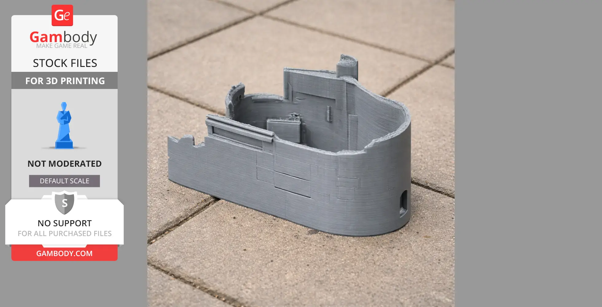 A 3D-printed gray castle model with curved walls and detailed architectural features.