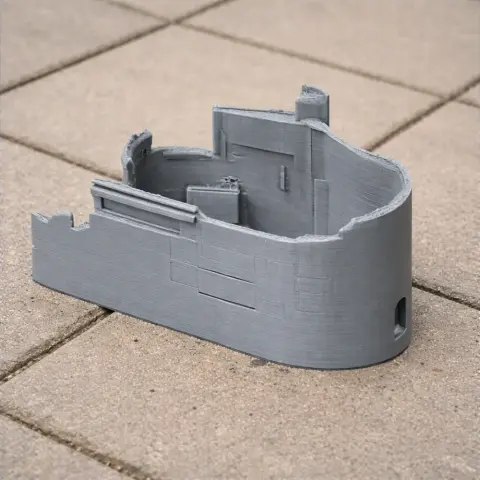 Gray 3D printed model of Berry Pomeroy Castle, showing partial wall and architectural details.