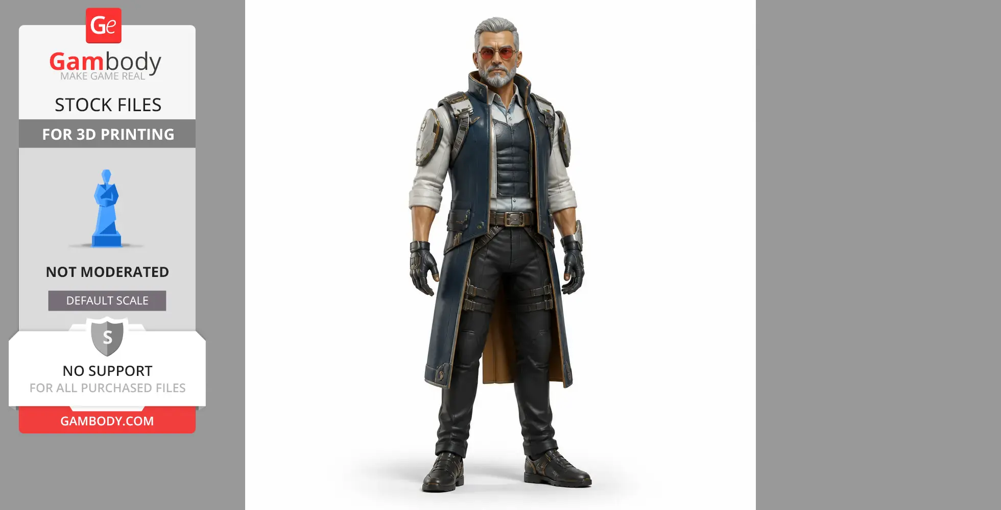 A 3D model of a stylish male character in a long coat, vest, gloves, and sunglasses, ready for 3D printing.