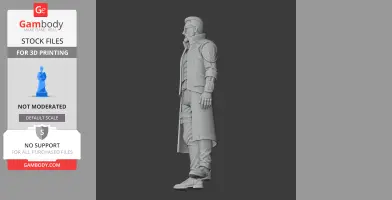 Side view of a detailed 3D model figure in a long coat, designed for 3D printing.