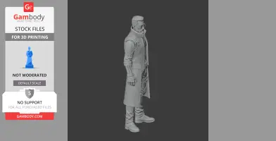 Detailed 3D model of a male character in a long coat and sunglasses, side profile view.