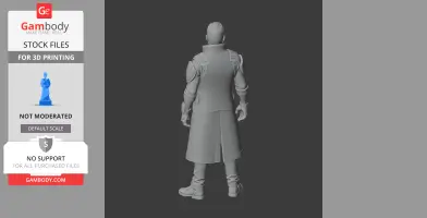 A 3D model of a character in a long coat, seen from behind, ready for 3D printing.