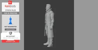 A 3D model of a standing character in detailed attire with a long coat and accessories, positioned side view.