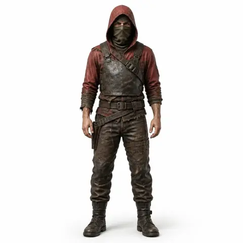 Hooded bandit figure in tactical gear with scarf mask, ready for 3D printing.