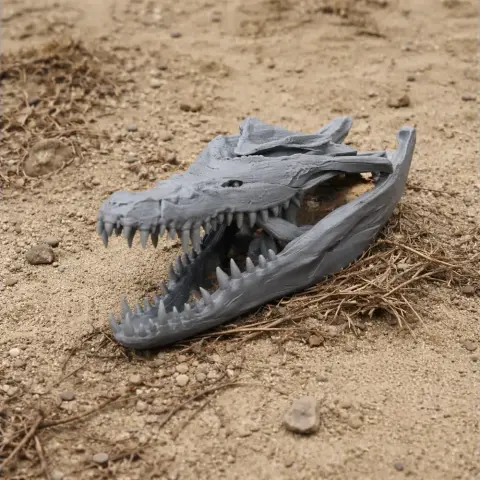 A detailed 3D-printed crocodile skull replica resting on a sandy surface.