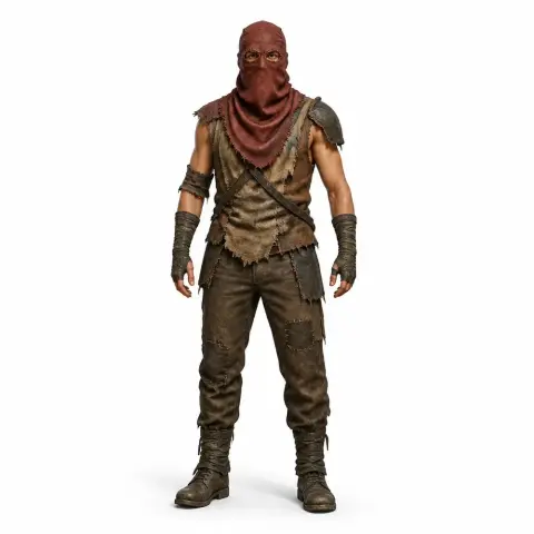 Armored bandit figurine with brown outfit and headscarf, ready for 3D printing.