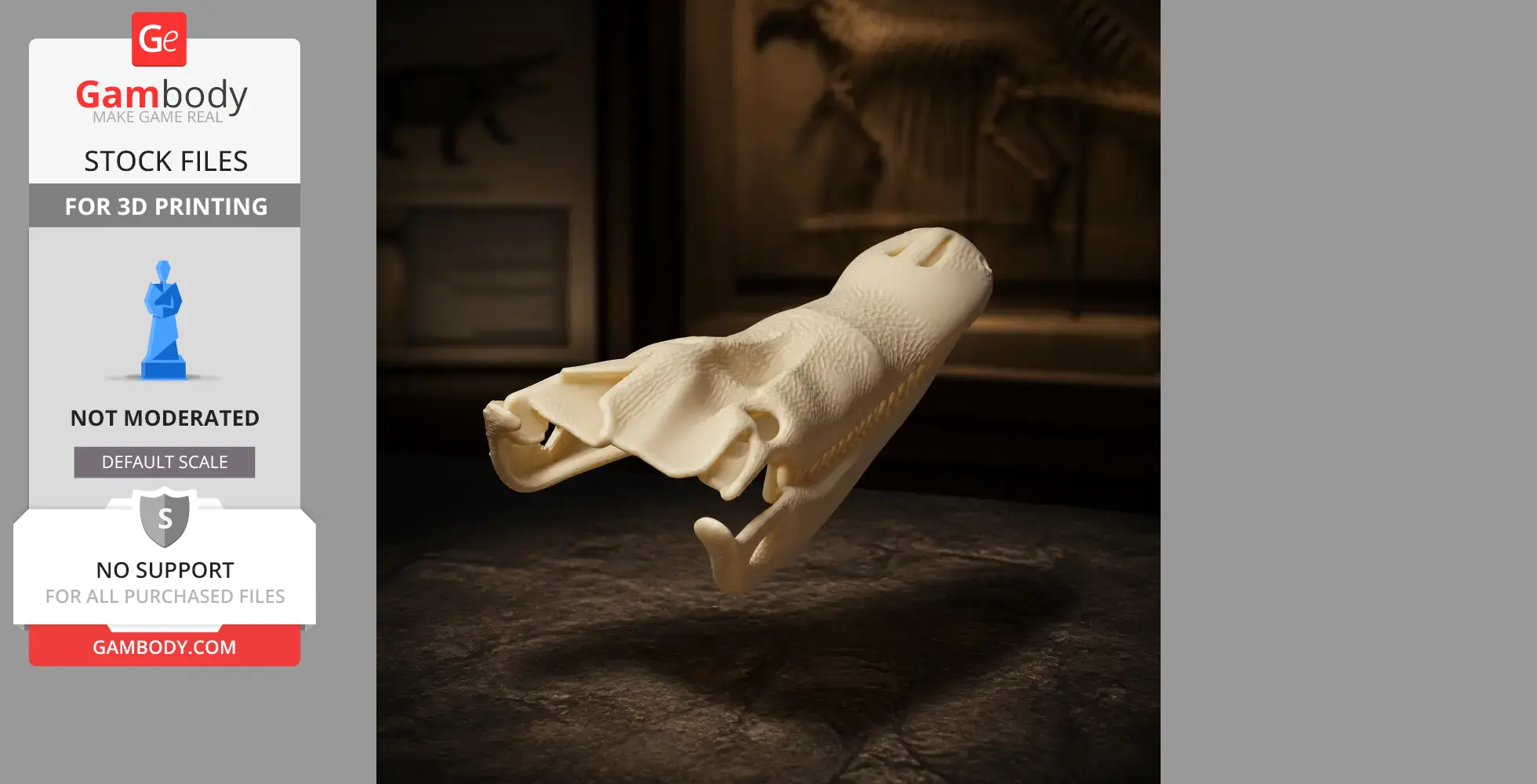 3D-printed Cuban crocodile skull replica, detailed texture, displayed on a dark surface.